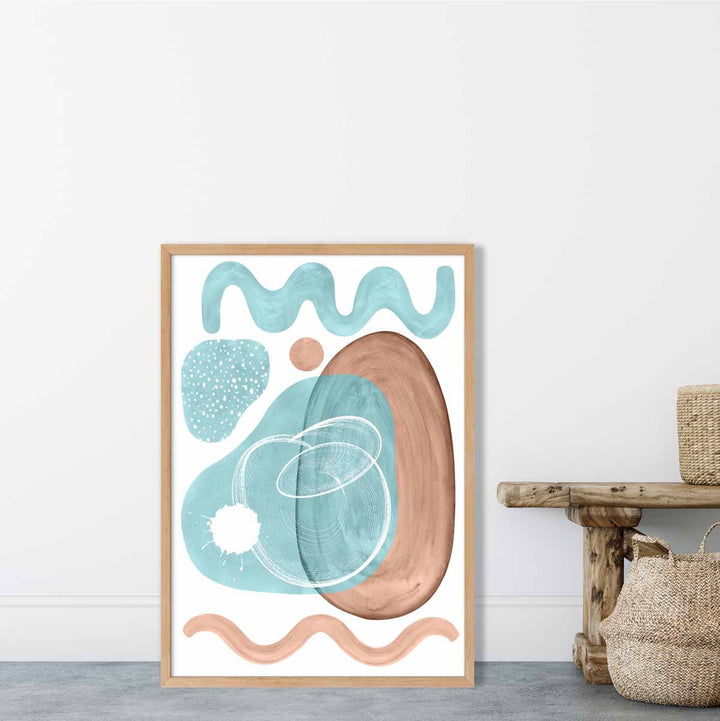 Abstrakt veggplakat i akvablått og beige nr. 2