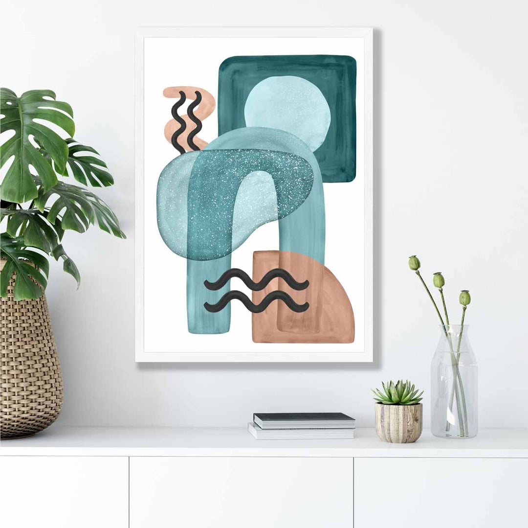 Abstrakt veggplakat i akvablått og beige nr. 3