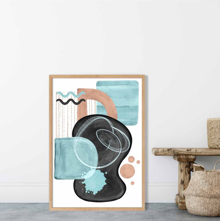 Abstrakt veggplakat i akvablått og beige, nr. 5