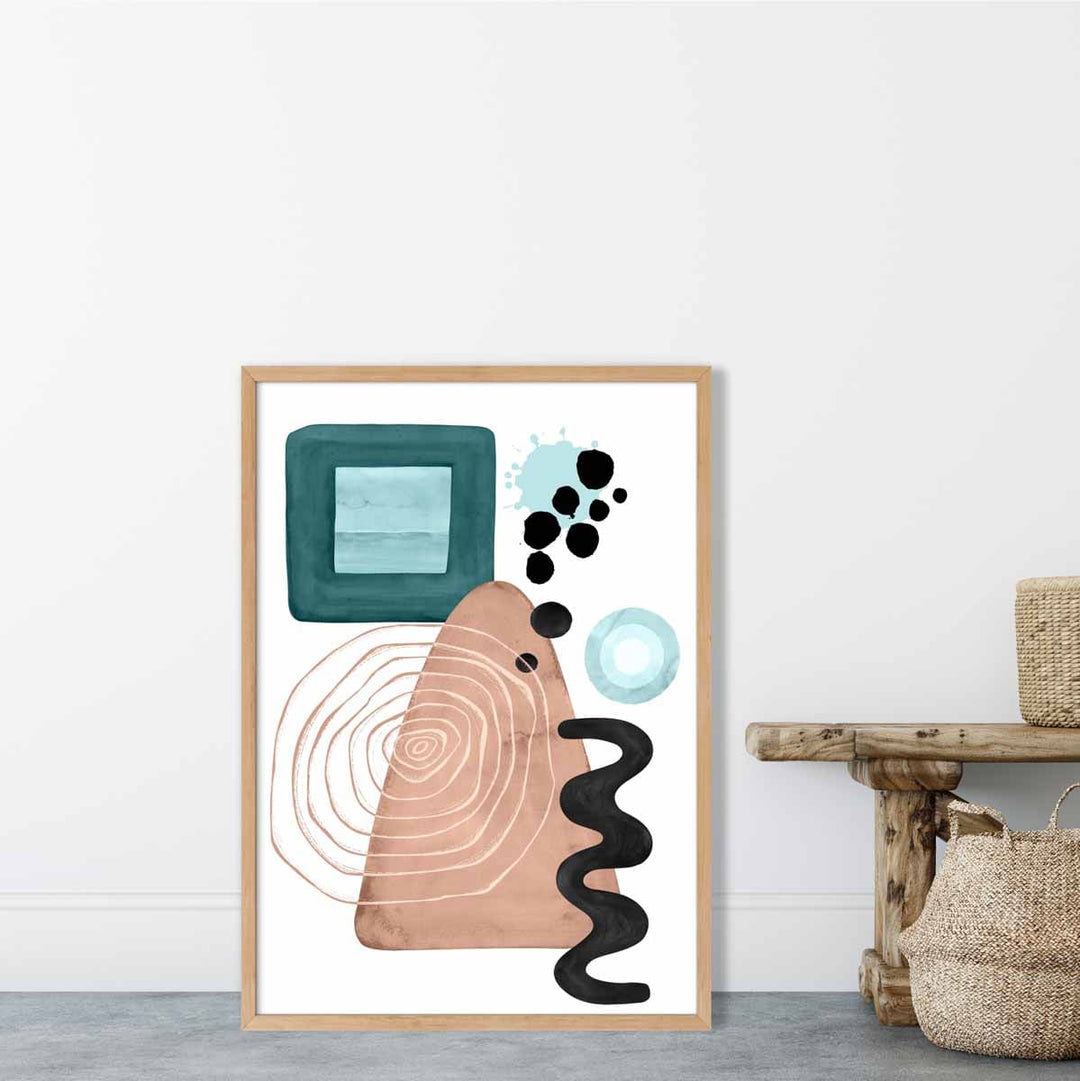 Abstrakt veggplakat i akvablått og beige, nr. 6