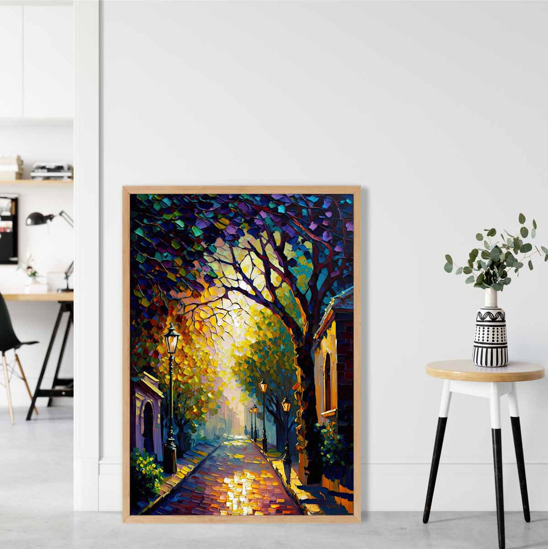 Høstlig skumringsgate – Palettknivmaleri – Kunsttrykk nr. 1