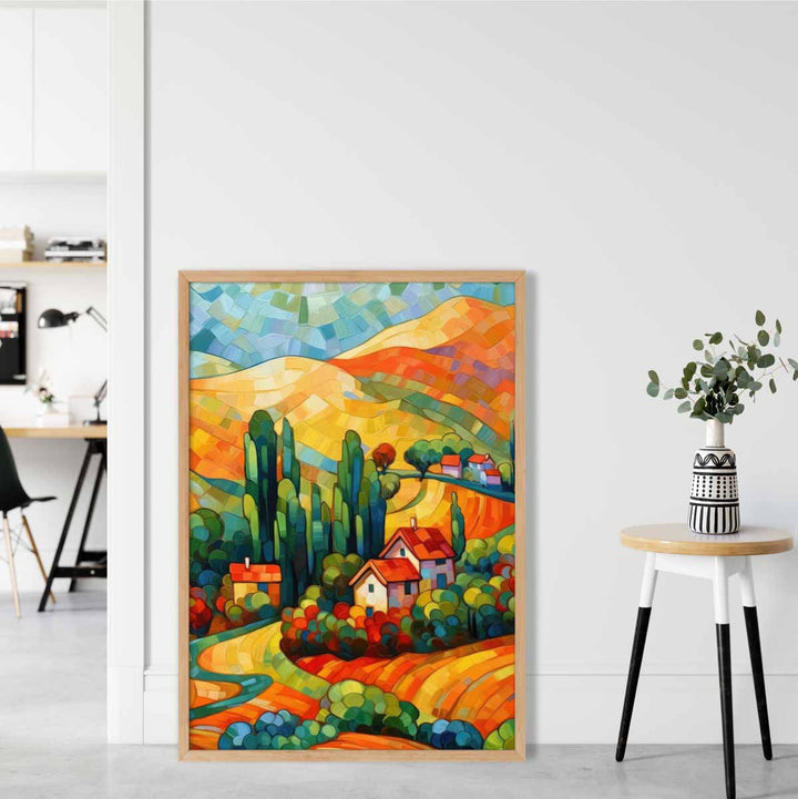 Fargerikt landskap med hus, abstrakt maleri, kunsttrykk