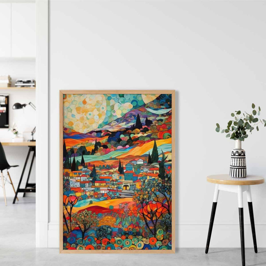 Fargerik abstrakt maleri i mosaikkstil med et urbant landskap, tilgjengelig som kunsttrykk.