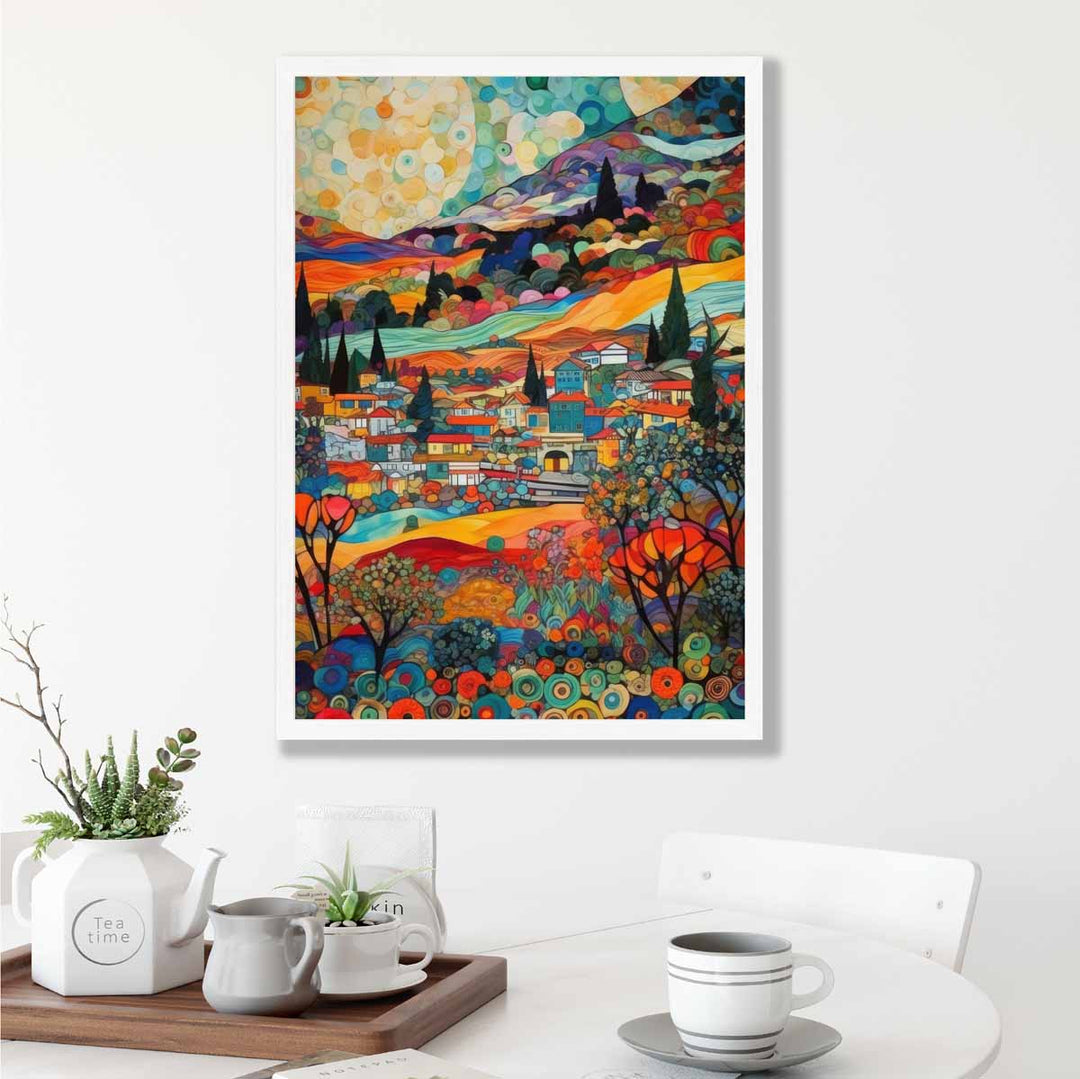 Fargerik abstrakt maleri i mosaikkstil med et urbant landskap, tilgjengelig som kunsttrykk.