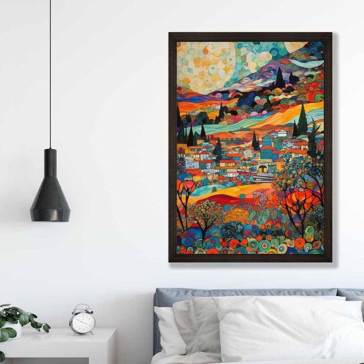 Fargerik abstrakt maleri i mosaikkstil med et urbant landskap, tilgjengelig som kunsttrykk.