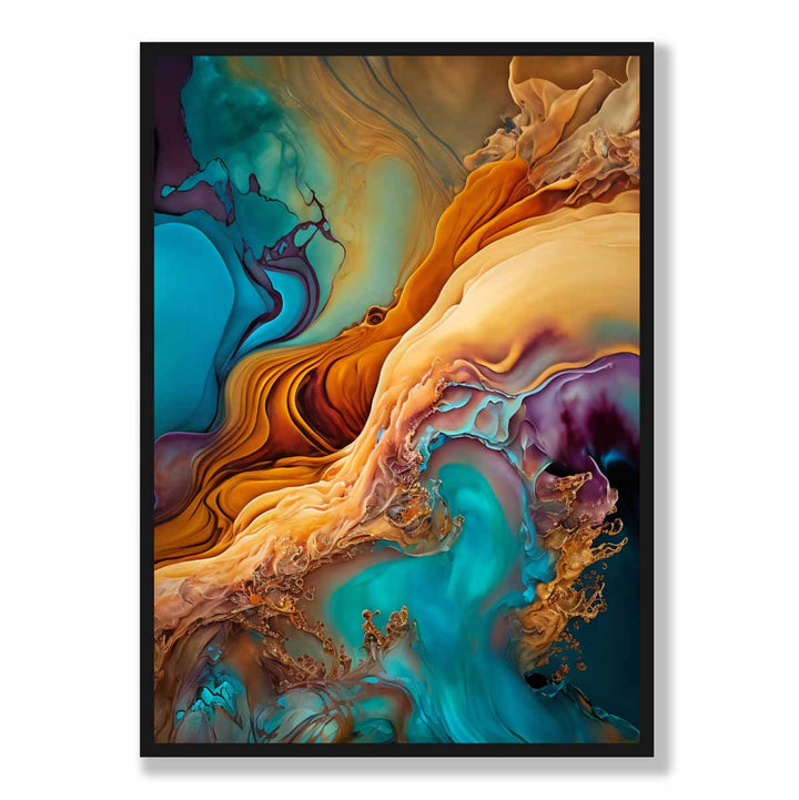Abstrakte flytende kunsttrykk i blått og oransje nr. 1