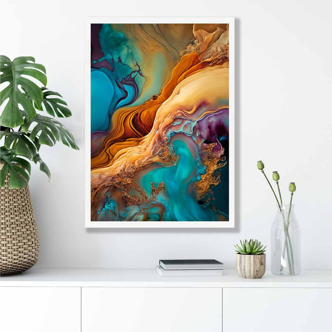 Abstrakte flytende kunsttrykk i blått og oransje nr. 1