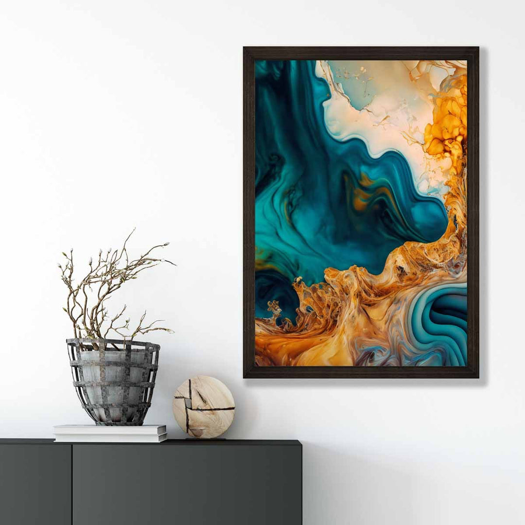 Abstrakte flytende kunsttrykk i blått og oransje nr. 3