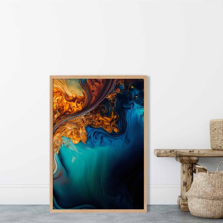 Abstrakte flytende kunsttrykk i blått og oransje nr. 4