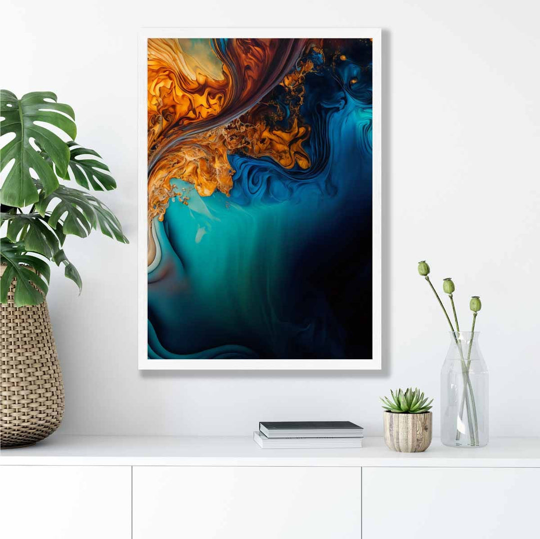 Abstrakte flytende kunsttrykk i blått og oransje nr. 4