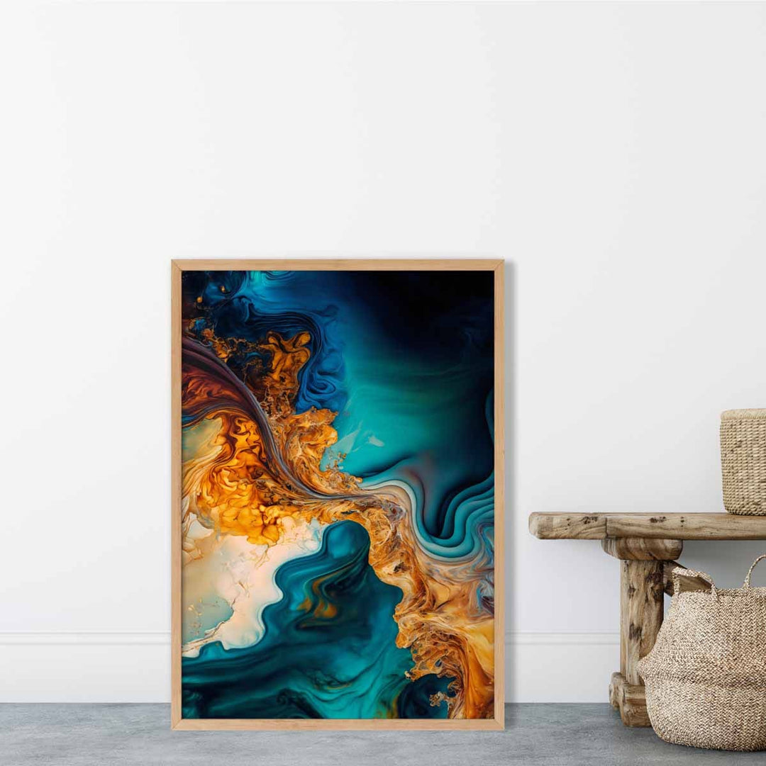 Abstrakte flytende kunsttrykk i blått og oransje nr. 5