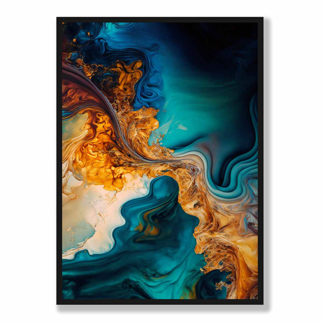 Abstrakte flytende kunsttrykk i blått og oransje nr. 5