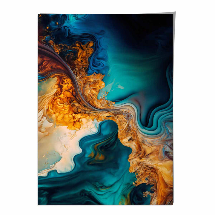 Abstrakte flytende kunsttrykk i blått og oransje nr. 5
