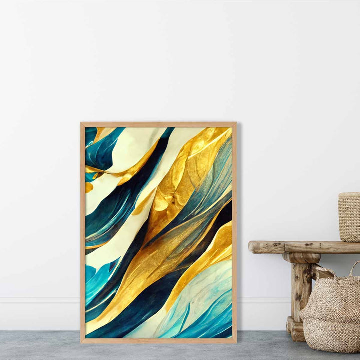 Abstrakt kunsttrykk i gult, beige og blått nr. 1