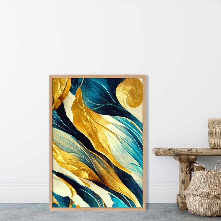 Abstrakt kunsttrykk i gult, beige og blått nr. 3