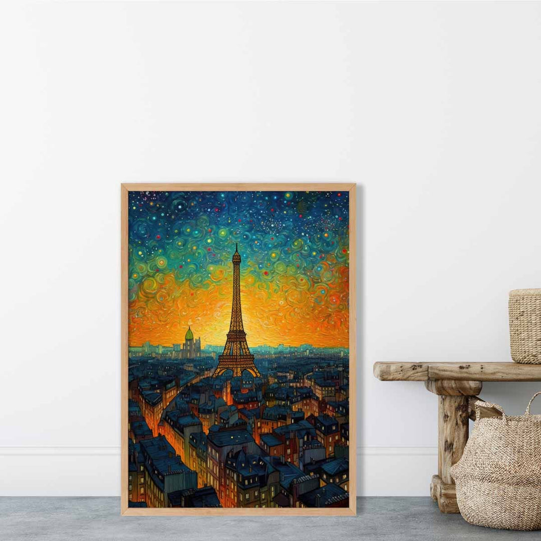 Fargerik kunsttrykk av et maleri av Paris ved solnedgang