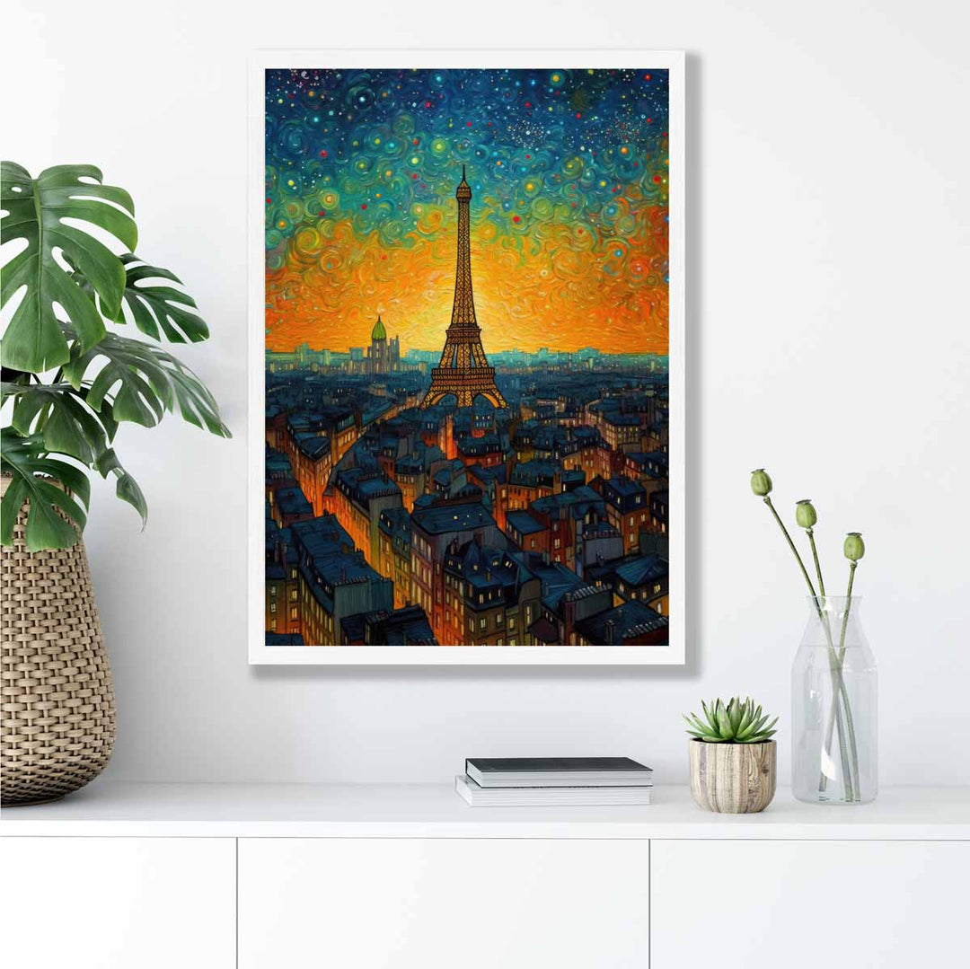 Fargerik kunsttrykk av et maleri av Paris ved solnedgang