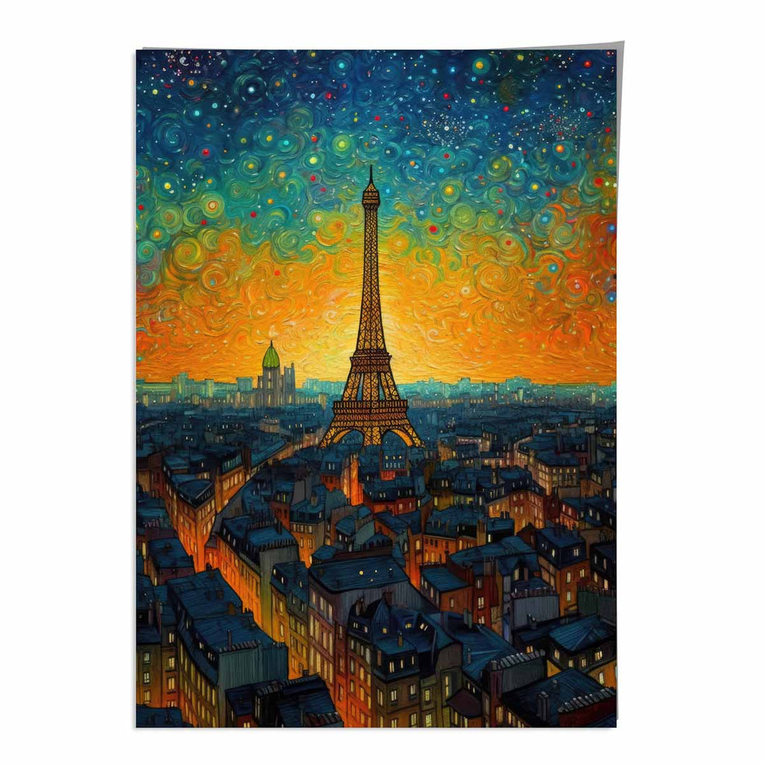 Fargerik kunsttrykk av et maleri av Paris ved solnedgang