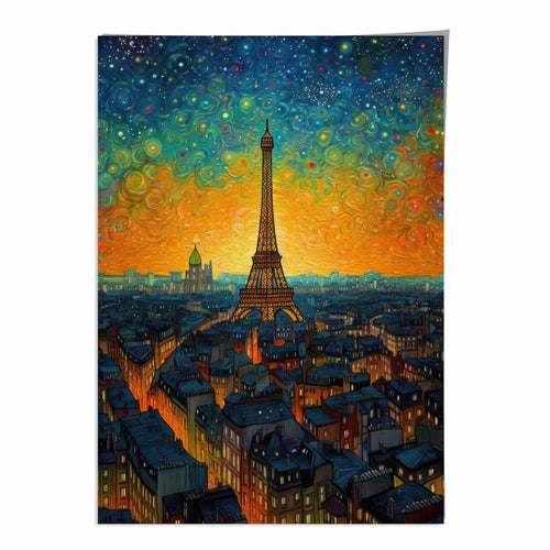 Fargerik kunsttrykk av et maleri av Paris ved solnedgang