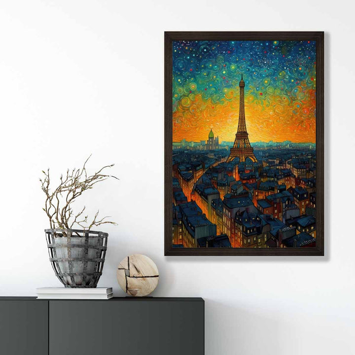 Fargerik kunsttrykk av et maleri av Paris ved solnedgang