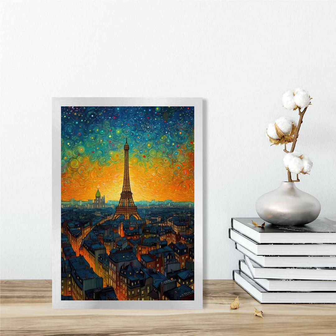 Fargerik kunsttrykk av et maleri av Paris ved solnedgang