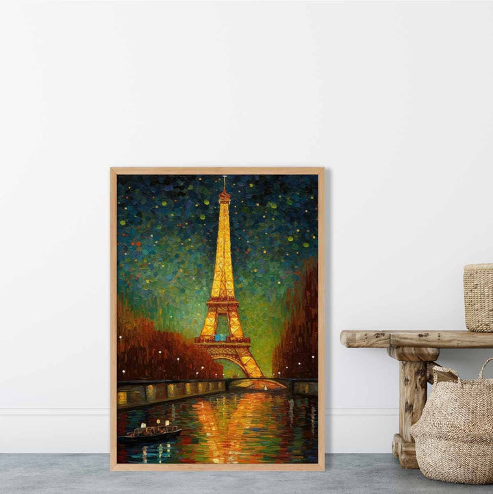 Fargerik kunsttrykk av et maleri av Paris om natten