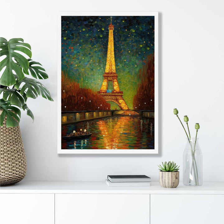 Fargerik kunsttrykk av et maleri av Paris om natten