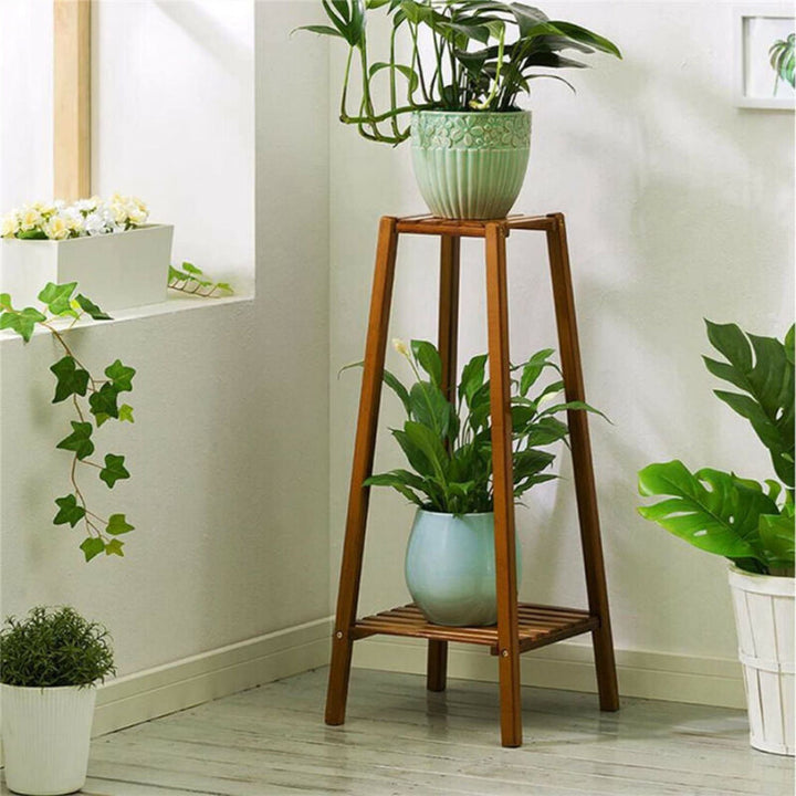 Norvo | 2 Tier Høy Plante Stativ Pottholder Lite Rom Bord Hage Blomsterpotte Brun