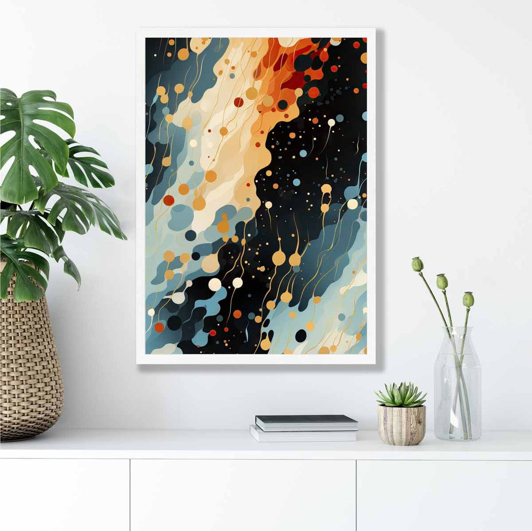 Abstrakt flytende kunsttrykk blå, oransje og rød nr. 2