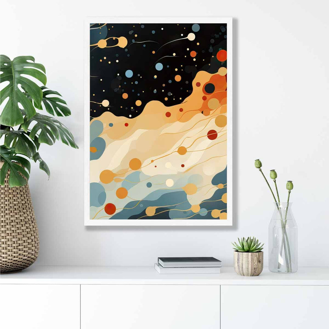 Abstrakt flytende kunsttrykk, blått, oransje og rødt, nr. 4