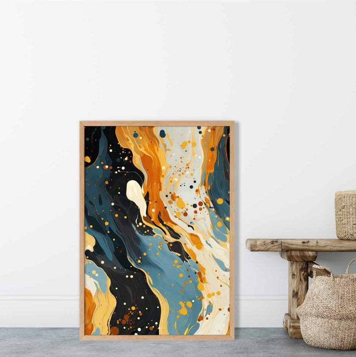 Abstrakt maleri, flytende kunsttrykk, blått, oransje og beige nr. 1