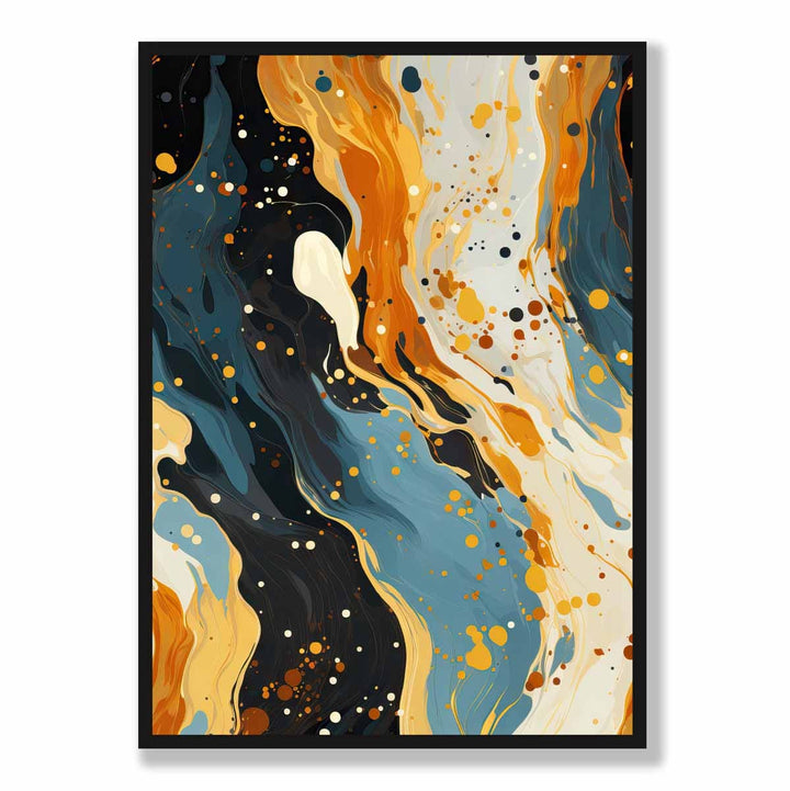 Abstrakt maleri, flytende kunsttrykk, blått, oransje og beige nr. 1