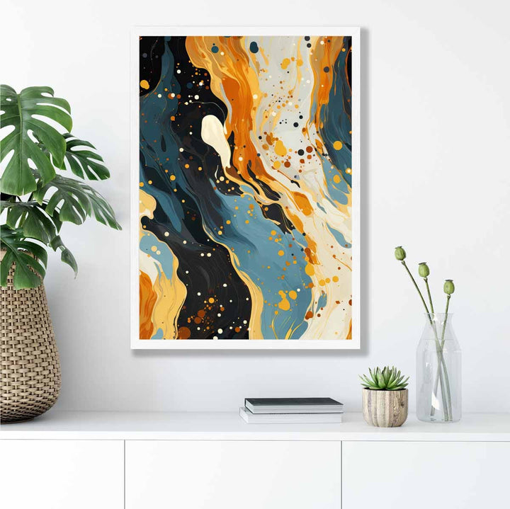 Abstrakt maleri, flytende kunsttrykk, blått, oransje og beige nr. 1