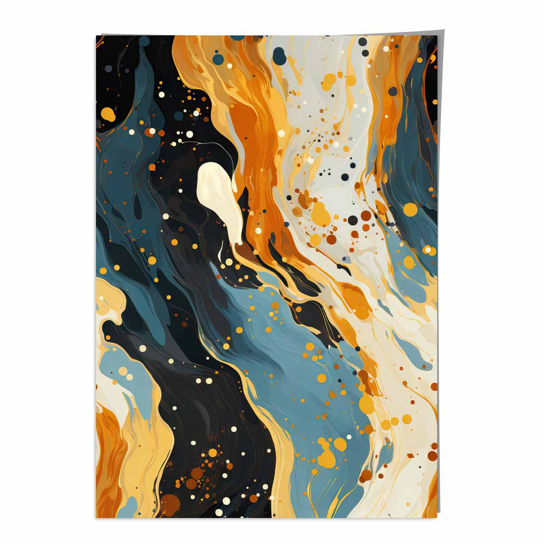 Abstrakt maleri, flytende kunsttrykk, blått, oransje og beige nr. 1