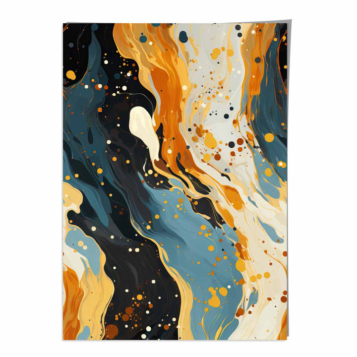 Abstrakt maleri, flytende kunsttrykk, blått, oransje og beige nr. 1
