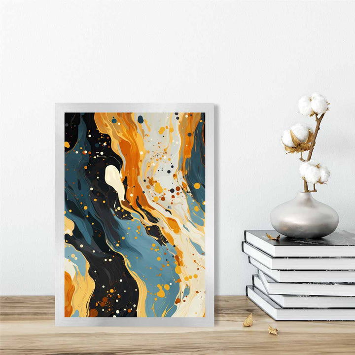 Abstrakt maleri, flytende kunsttrykk, blått, oransje og beige nr. 1