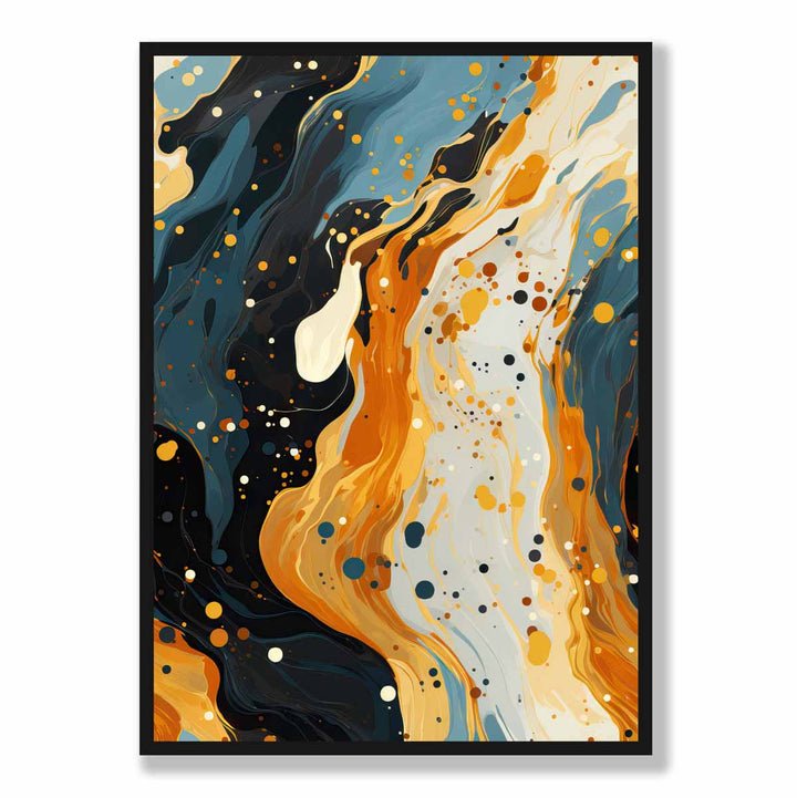 Abstrakt maleri, flytende kunsttrykk, blått, oransje og beige nr. 2