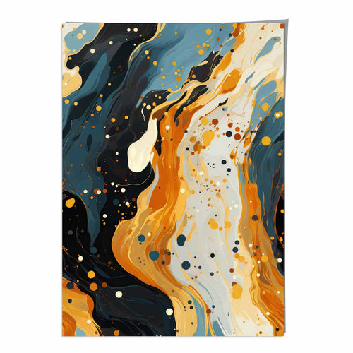 Abstrakt maleri, flytende kunsttrykk, blått, oransje og beige nr. 2