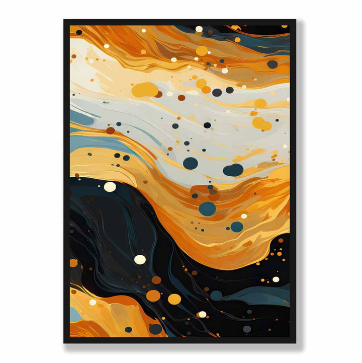 Abstrakt maleri, flytende kunsttrykk, blått, oransje og beige nr. 3