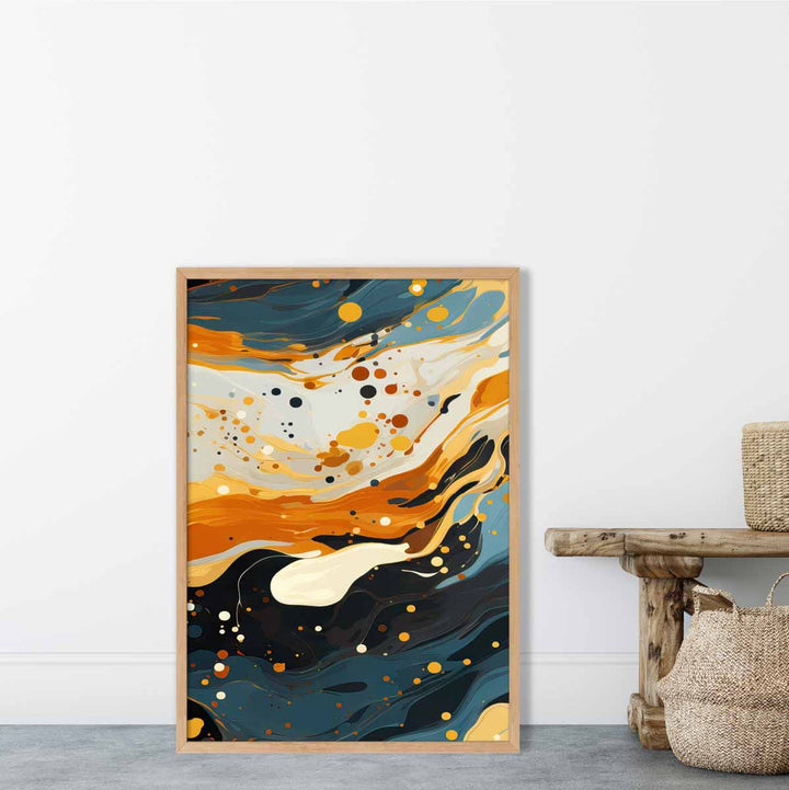 Abstrakt maleri, flytende kunsttrykk, blått, oransje og beige nr. 4
