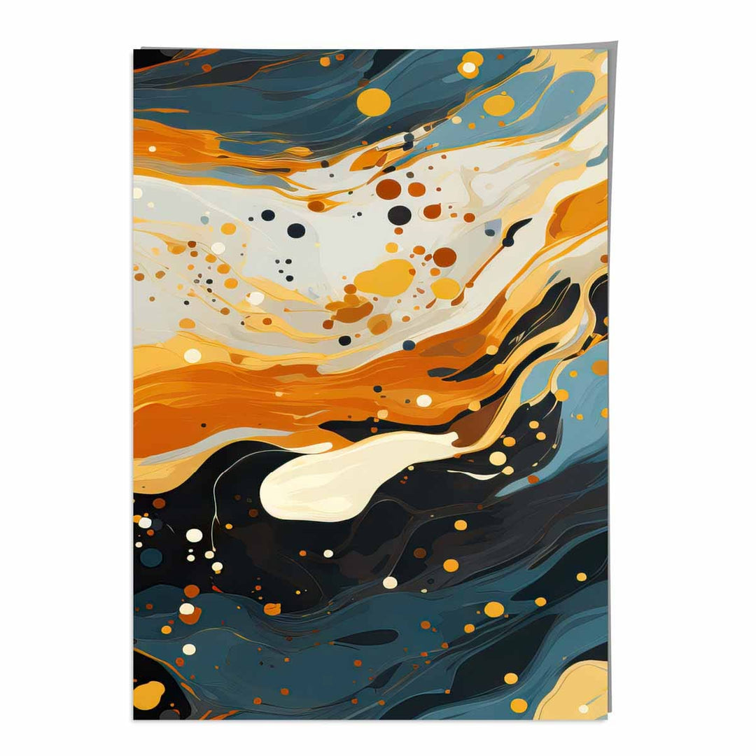 Abstrakt maleri, flytende kunsttrykk, blått, oransje og beige nr. 4