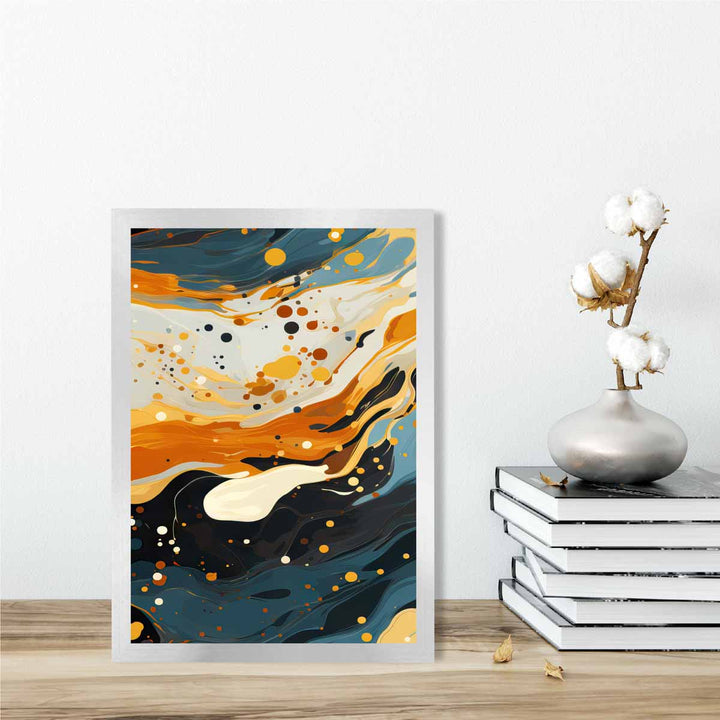 Abstrakt maleri, flytende kunsttrykk, blått, oransje og beige nr. 4