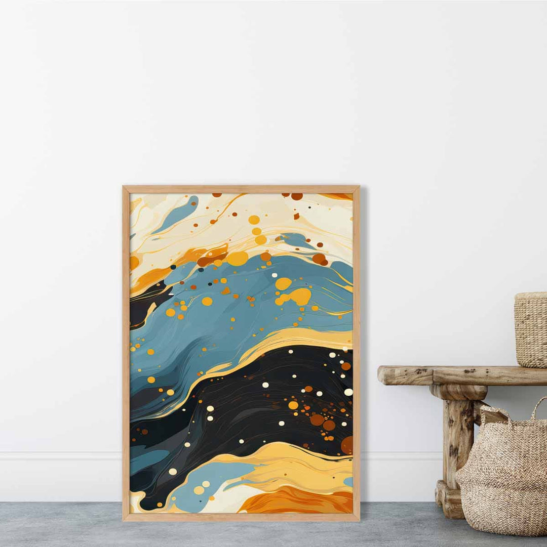 Abstrakt maleri, flytende kunsttrykk, blått, oransje og beige nr. 5