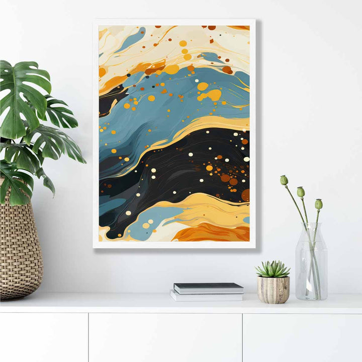Abstrakt maleri, flytende kunsttrykk, blått, oransje og beige nr. 5