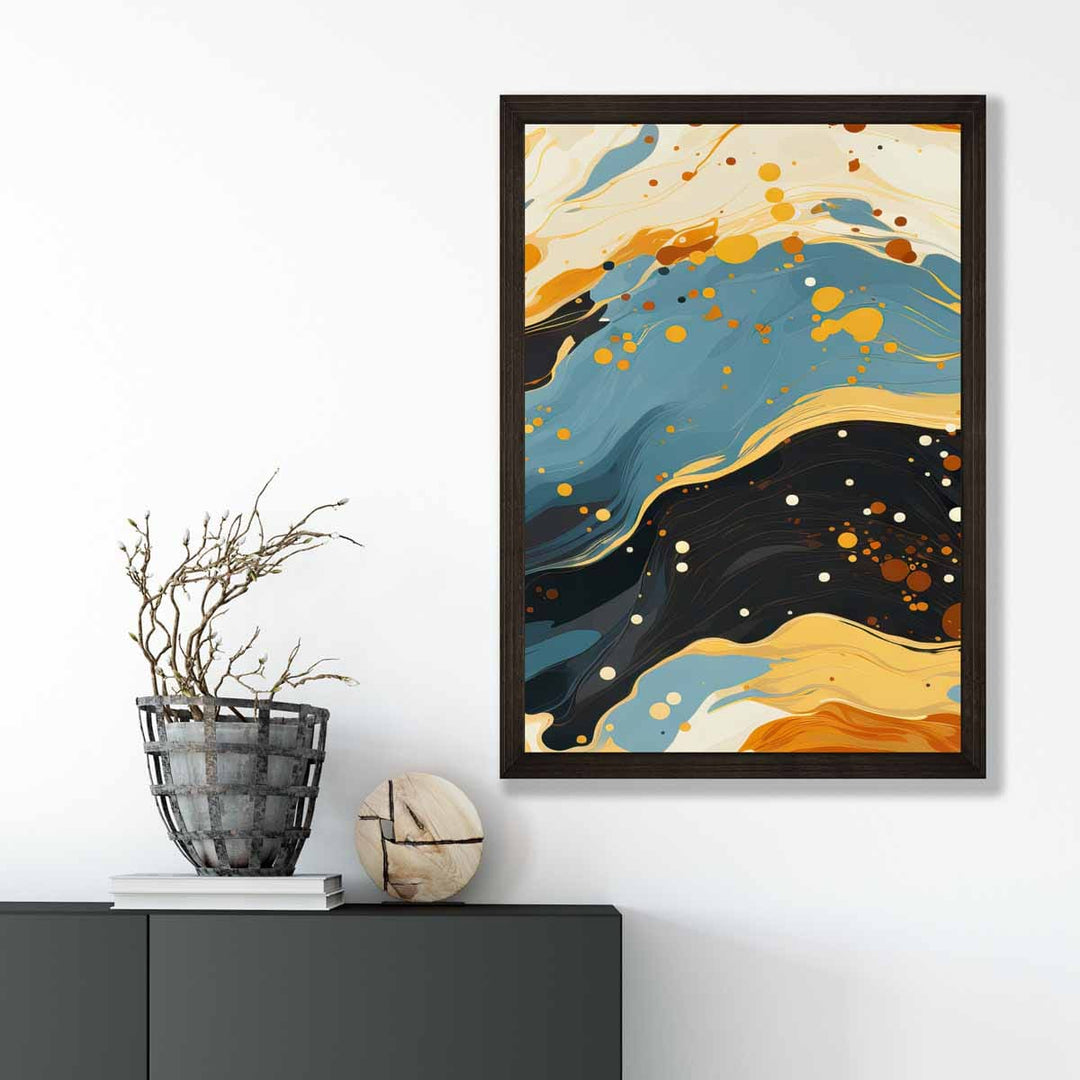 Abstrakt maleri, flytende kunsttrykk, blått, oransje og beige nr. 5