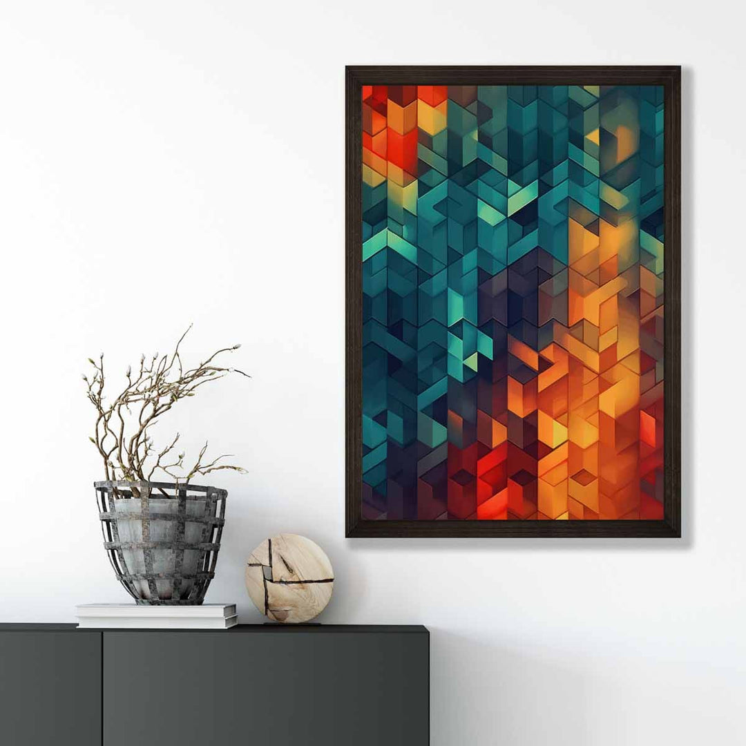 Abstrakt kunsttrykk av geometriske former, blå, oransje og rød nr. 1