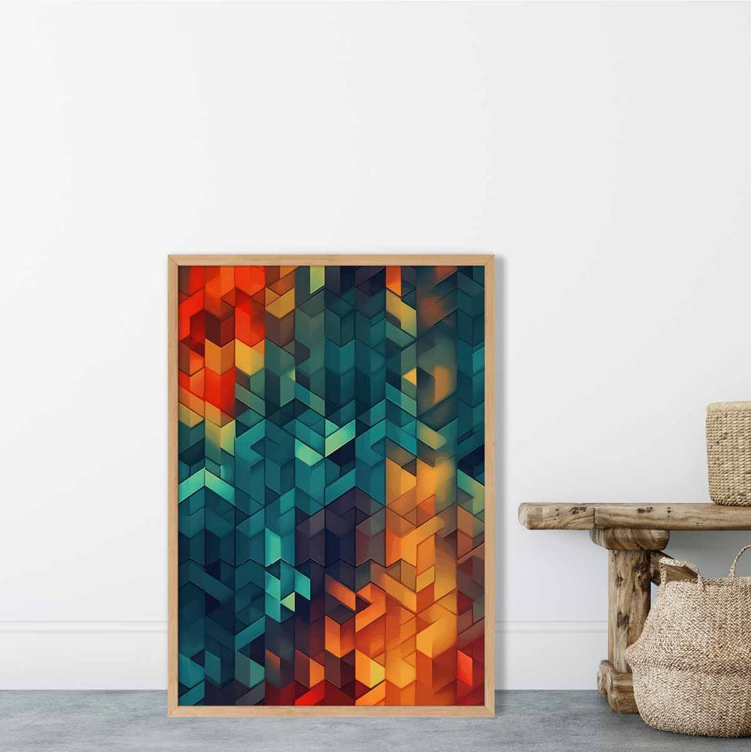 Abstrakt kunsttrykk med geometriske former, blått, oransje og rødt nr. 2