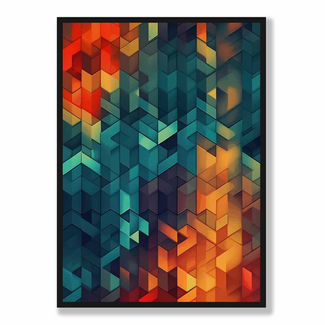 Abstrakt kunsttrykk med geometriske former, blått, oransje og rødt nr. 2