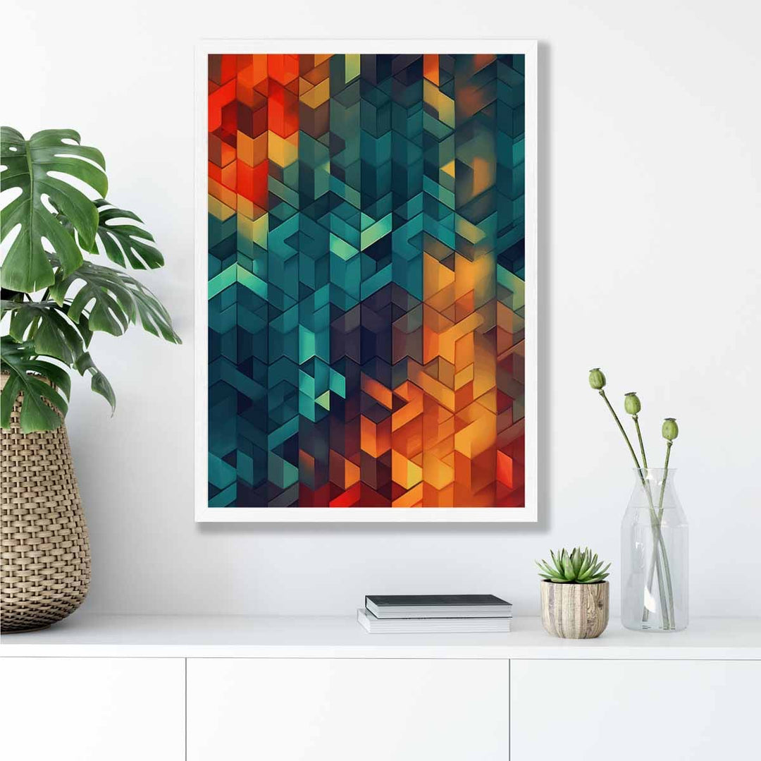 Abstrakt kunsttrykk med geometriske former, blått, oransje og rødt nr. 2