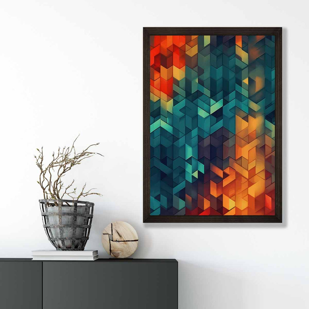 Abstrakt kunsttrykk med geometriske former, blått, oransje og rødt nr. 2
